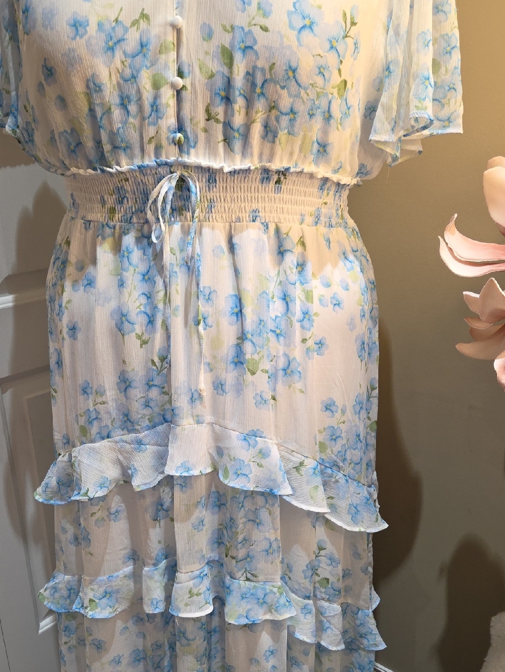 Nwot 2X Tamara H White Maxi Dress with BLUE and Green Floral Print Box 1 - Picture 7 of 17